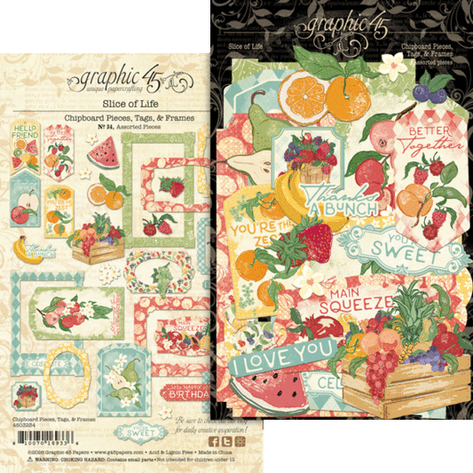 graphic 45 slice of life chipboard pieces in packaging
