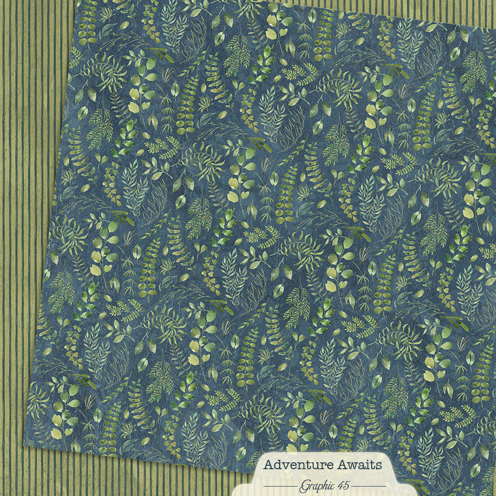 Patterned paper with green leaf design on a blue background, featuring the brand 'Graphic 45'.