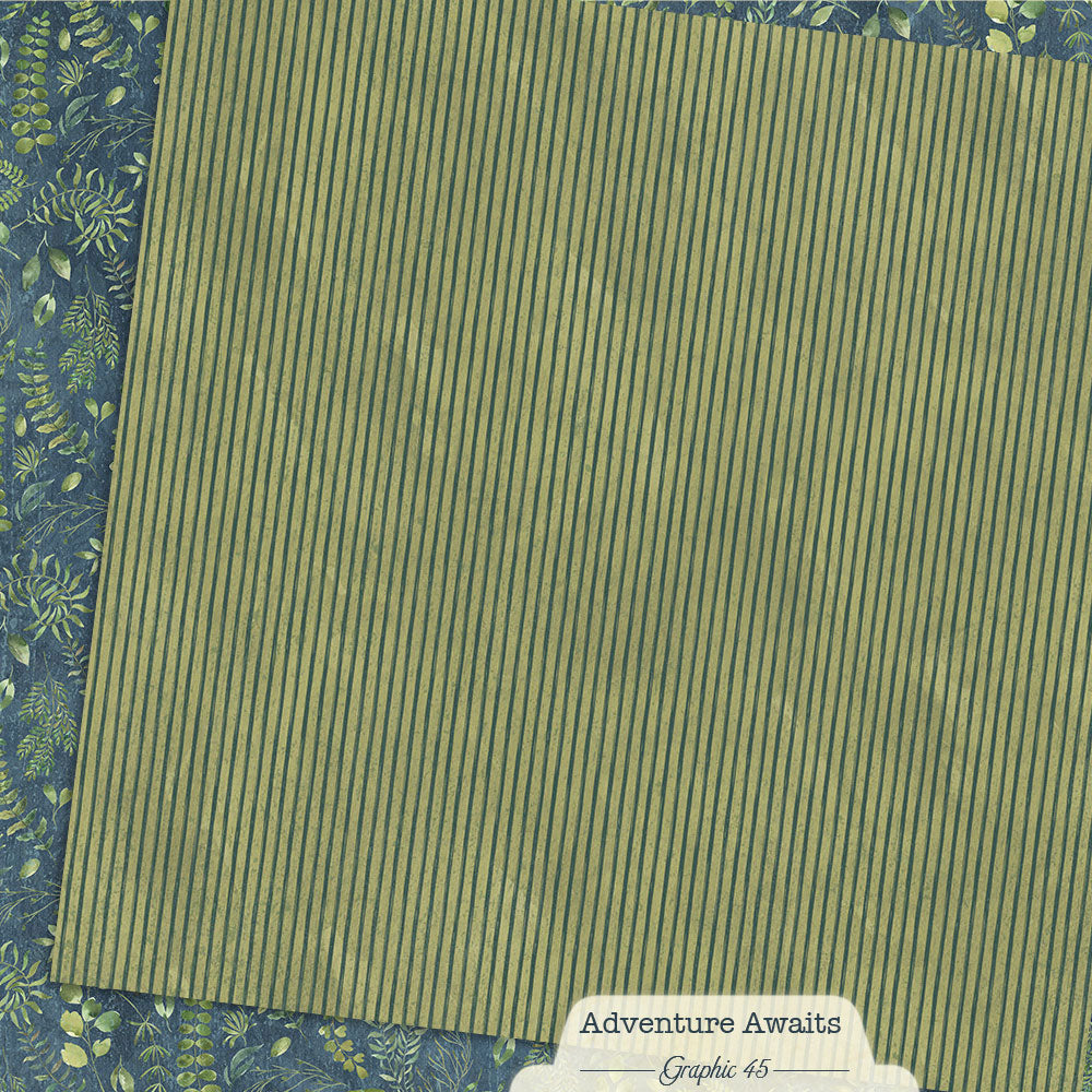 Green striped paper with 'Adventure Awaits' text and 'Graphic 45' branding on a blue floral border.