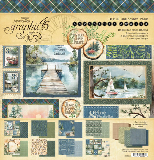 Graphic 45 Adventure Awaits collection pack with nature-themed designs on a beige background