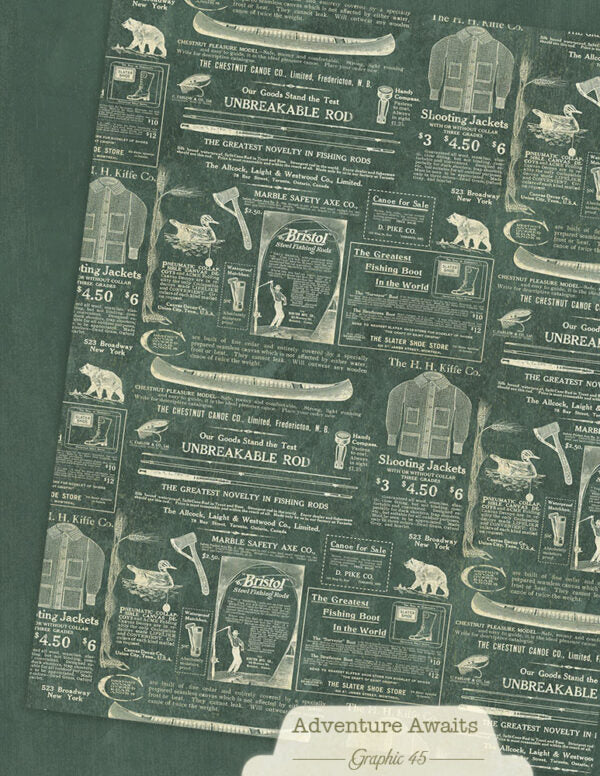 Patterned paper with vintage advertisements and text on a green background
