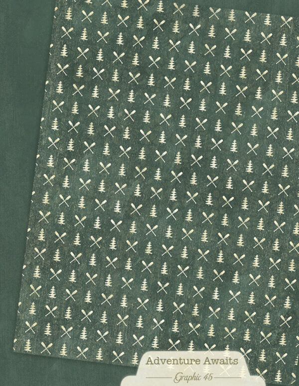 Patterned paper with trees and camping sticks on a green background, featuring the text 'Adventure Awaits'.