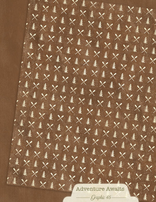 Brown fabric with white cross and tree pattern, labeled 'Adventure Awaits' by Graphic 45.