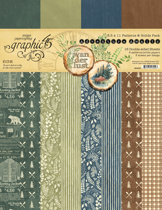 graphic 45 adventure awaits patterns and solids paper in packaging browns and greens