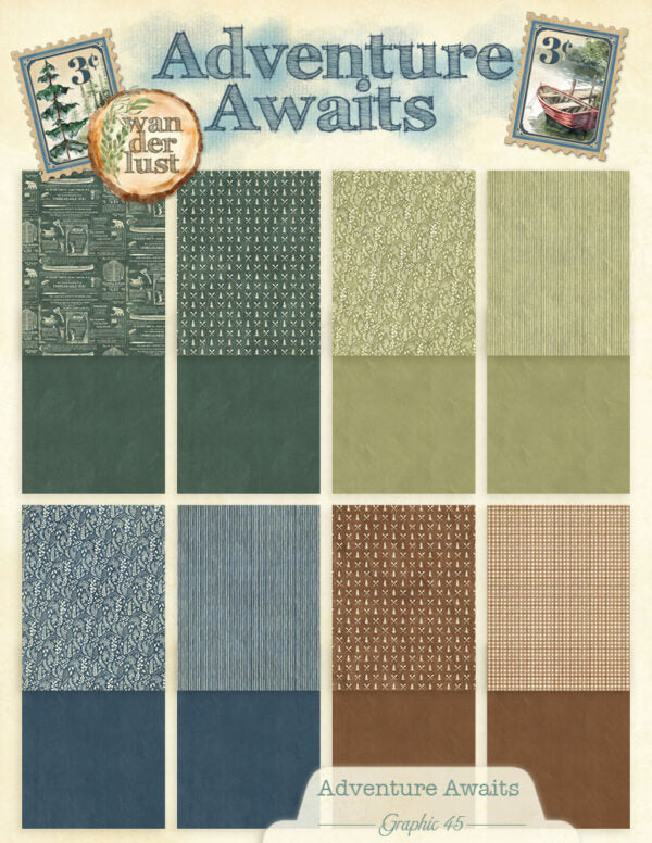 Collection of patterned papers with 'Adventure Awaits' text and 'Van der Lust' branding.