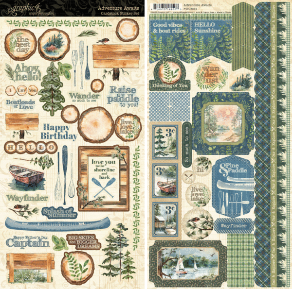 Adventure awaits two sticker sheets, side by side
