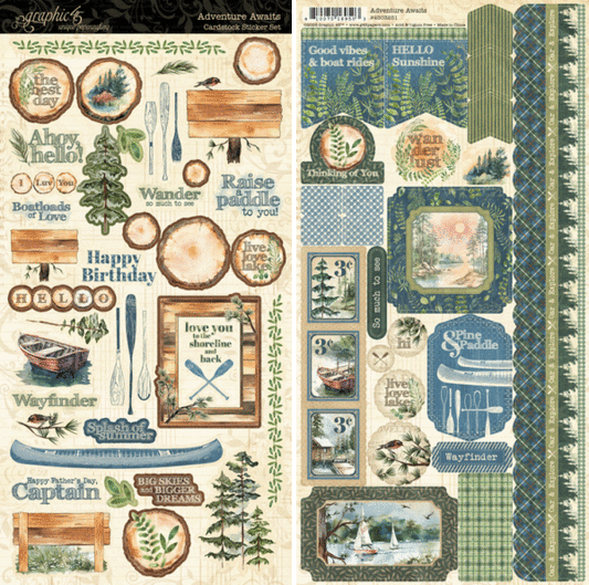 Adventure awaits two sticker sheets, side by side