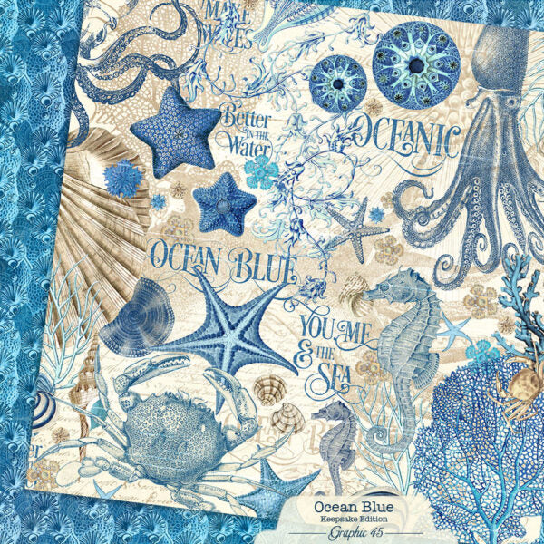 Seamless pattern with ocean-themed elements including stars, shells, and seahorses on a blue background.