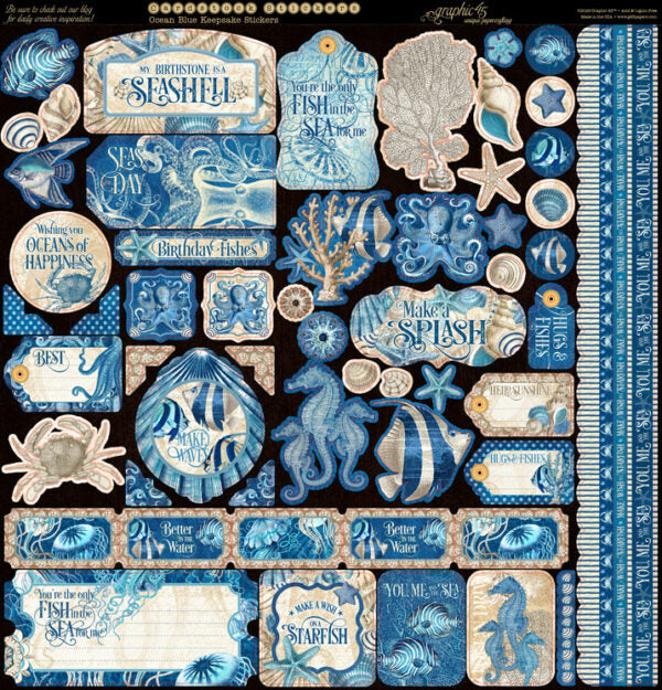 Collection of blue and beige nautical-themed decorative elements on a black background