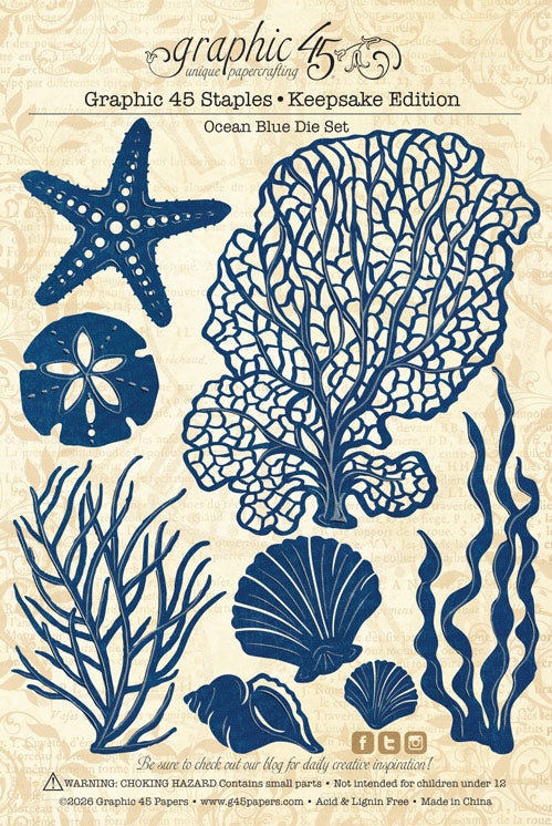 Set of ocean-themed die cuts including a starfish, coral, seashell, and seaweed on a beige background with 'Graphic 45' branding.