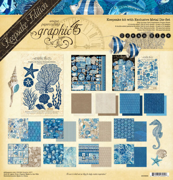 Graphic 45 Ocean Blue keepsake kit with paper sheets and embellishments on a beige background