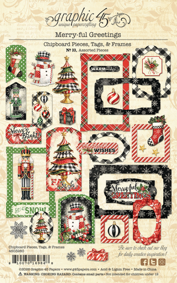 Graphic 45 Merry-ful Greetings Chipboard Pieces, Tags & Frames