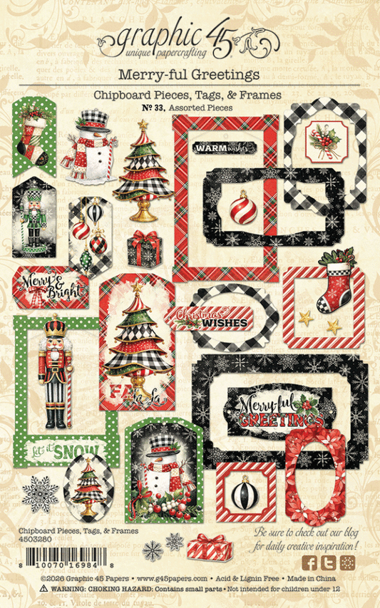 Graphic 45 Merry-ful Greetings Chipboard Pieces, Tags & Frames