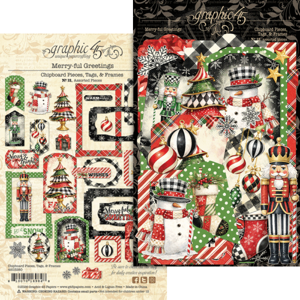 Graphic 45 Merry-ful Greetings Chipboard Pieces, Tags & Frames