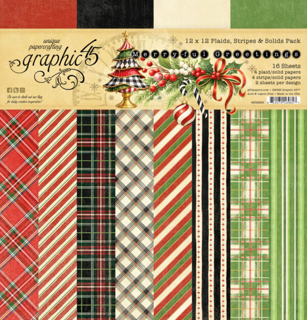 Graphic 45 Merry-ful Greetings 12×12 Plaids & Stripes Pack