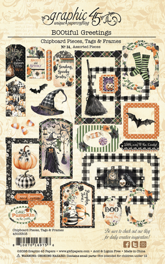 Graphic 45 BOOtiful Greetings Chipboard Pieces, Tags & Frames