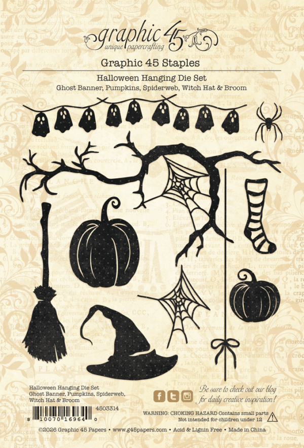 A product card for the Graphic 48 Staples Halloween Hanging Dia Set, showing black silhouette designs of ghosts, pumpkins, spiders, a witch hat, a broom, a spiderweb, and a striped sock on a beige patterned background.