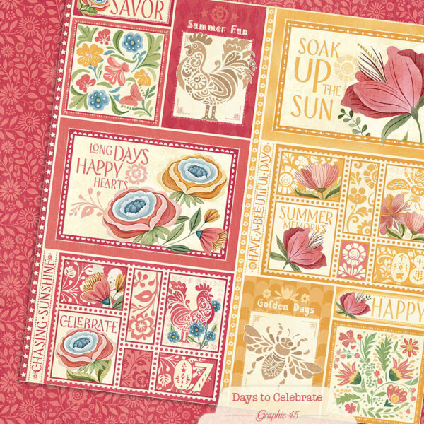 A set of decorative paper sheets featuring retro summer-themed illustrations and text, including floral designs, roosters, bees, and phrases like 'Soak Up the Sun' and 'Long Days Happy Hearts' on a patterned red background.