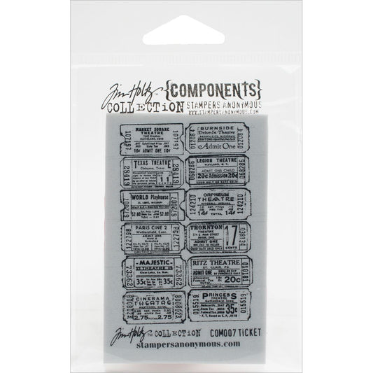 Packaging of Tim Holtz Components Collection by Stampers Anonymous with vintage ticket designs.