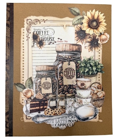A square decorative coffee-themed art print or card featuring vintage mason jars of coffee beans, a teacup, cookies, flowers, and the words 'Coffee House' and 'Cappuccino' on a tan background.