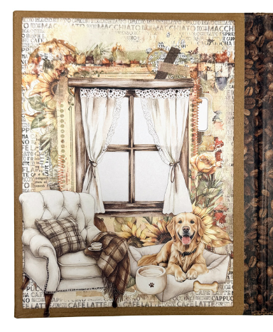 A square decorative folio book page featuring a vintage-style illustrated scene with a window, curtains, floral collage background, tufted armchair, plaid throw, and a golden retriever dog sitting by a cup. The right edge shows a dark patterned spine or border.