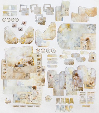 Collection of decorative paper pieces with artistic designs on a white background