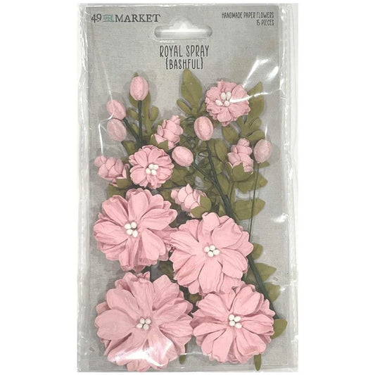 Packaged craft paper flowers in pink and green, labeled 'Royal Spray' by 49 and Market, in a clear plastic hanging bag.