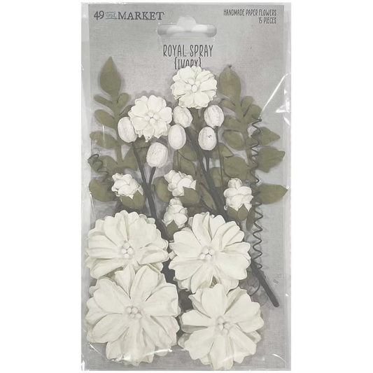 A package of 49% Market Royal Spray (Flowers) handmade paper cutouts, featuring white paper flowers and green paper leaves on a gray backing card.