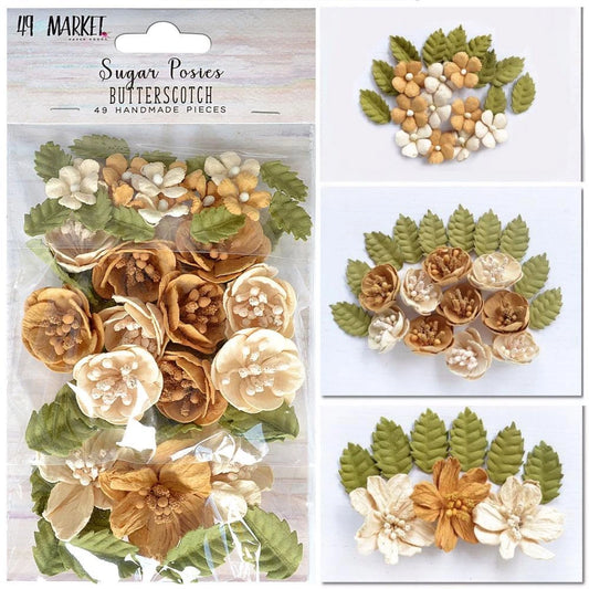 A package of craft embellishments labeled 'Sugar Posies Butterscotch' alongside three panels showing individual arrangements of the handmade flower pieces in cream, tan, and olive green.