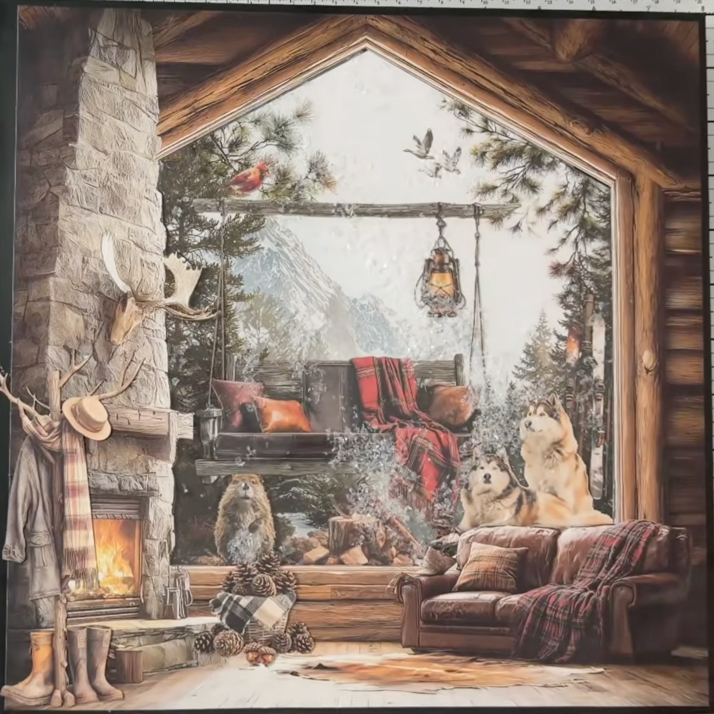 Cozy cabin interior with fireplace, furniture, and window view of nature scrapbook album 