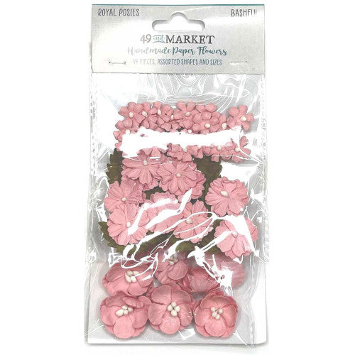 A package of 49 The Market Royal Posies Bashtin handmade paper flowers in various pink shades and sizes, packaged in a clear plastic bag with a white header card.