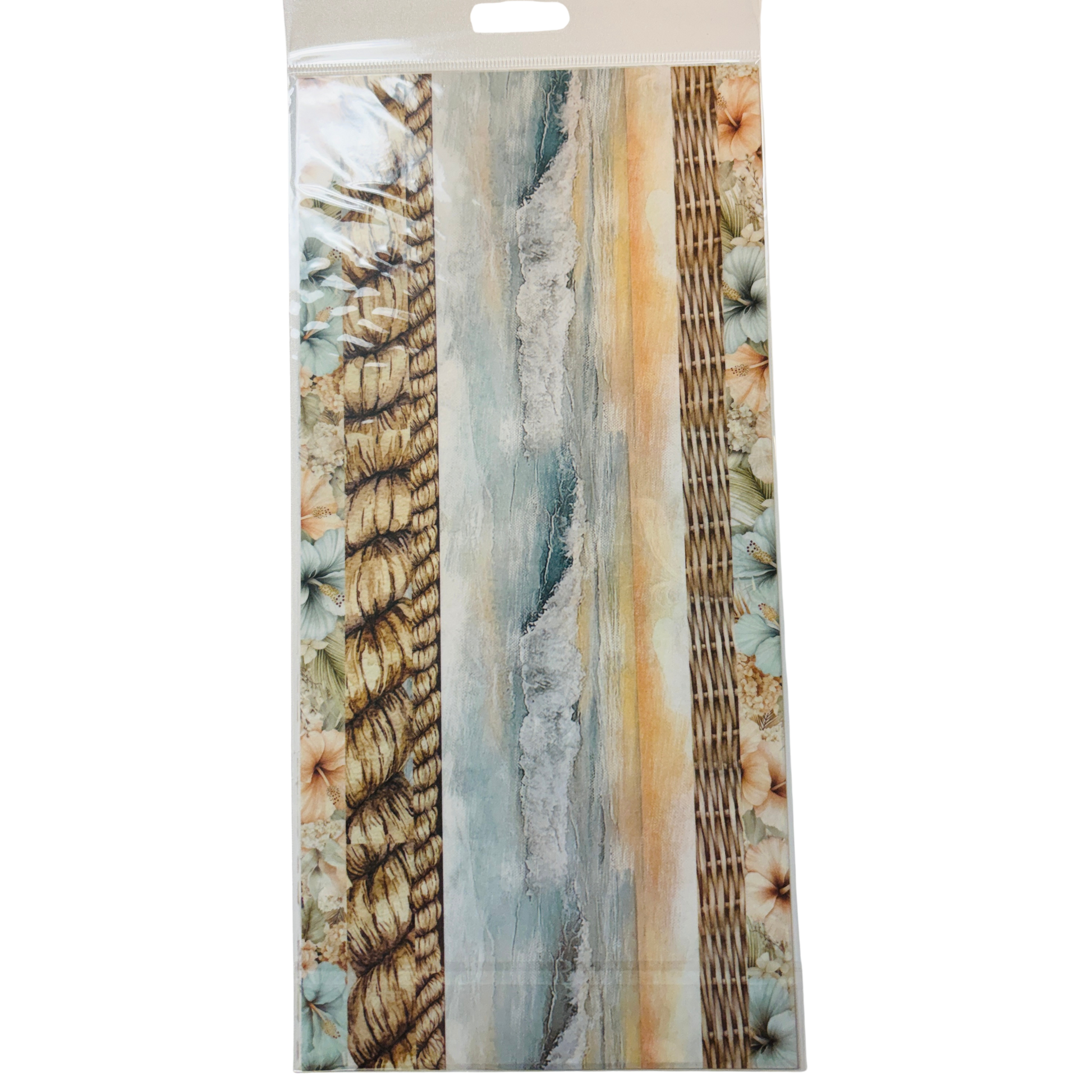 A packaged sheet of patterned washi tape with vertical tropical beach designs, including rope, water, sand, and floral motifs in muted beige, blue, brown, and cream tones.