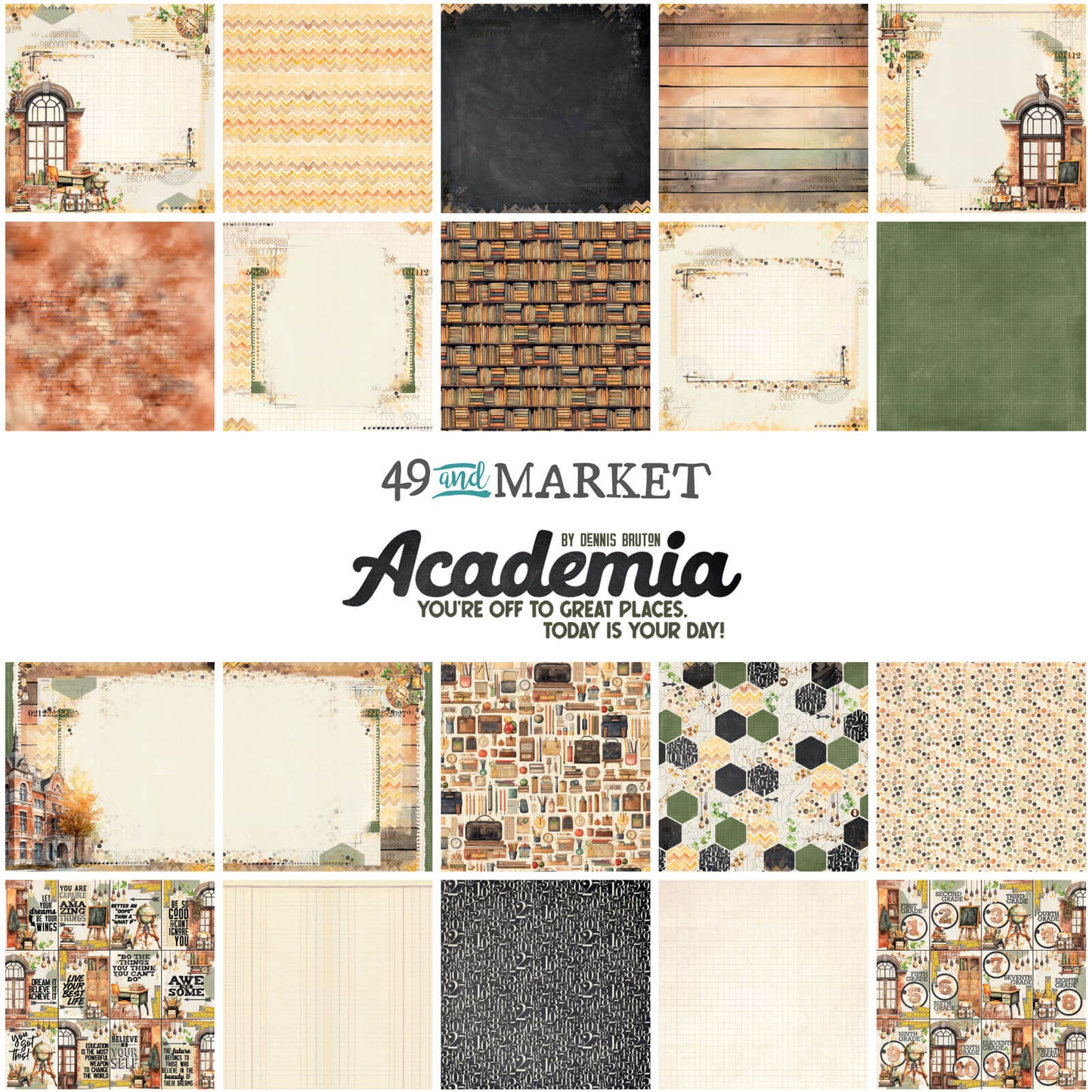 49 and Market Academia Collection includes 10 - double page sided papers (1 each design),  12"x12 size.
