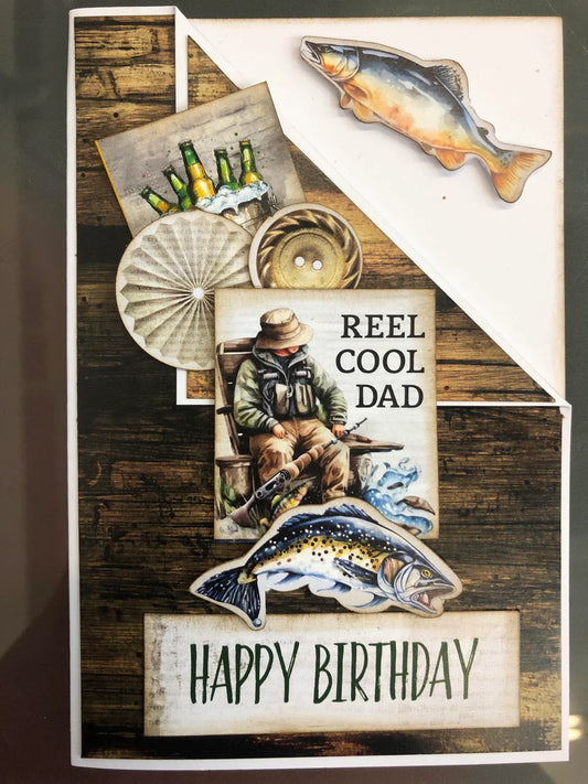 Birthday card for a fisherman with fishing-themed illustrations and text.