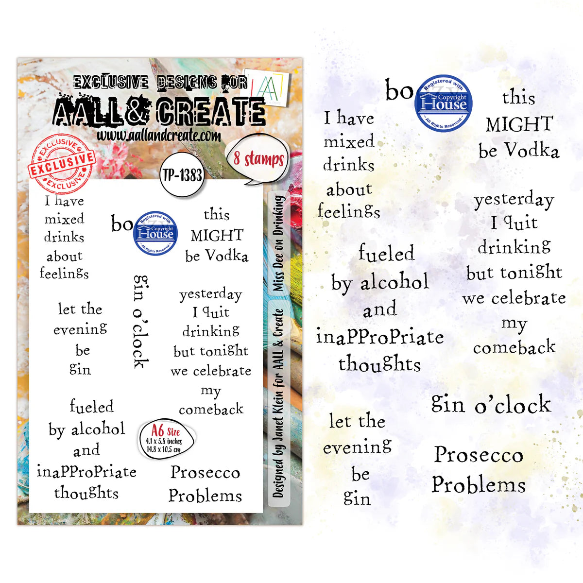 Text-based design with various phrases and branding elements on a colorful background