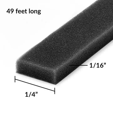 Black foam strip with measurements on a white background