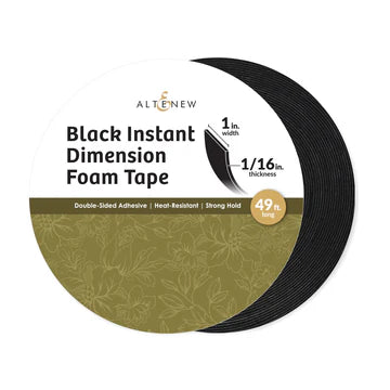 Black instant dimension foam tape with branding on a white background