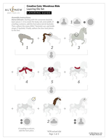 Layering die set assembly instructions for a horse figure with accessories on a white background.