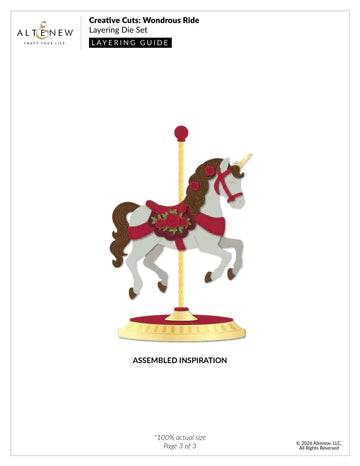 Design guide for a carousel horse die cut with Altenew branding.