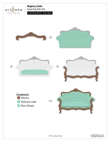 Regency Sofa die set by Altenew with color swatches and cardstock options on a white background.
