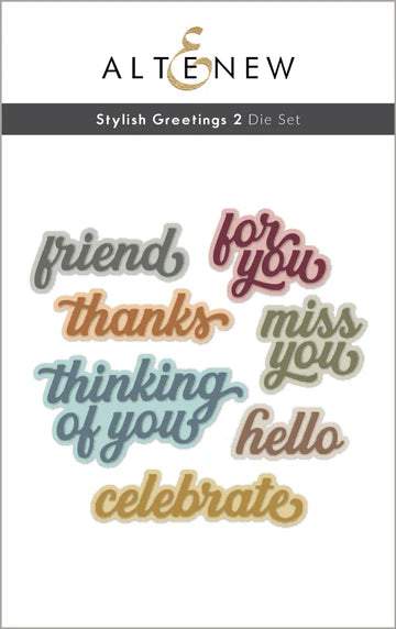 Stylized text die set with phrases like 'friend', 'thanks', 'thinking of you' on a white background.