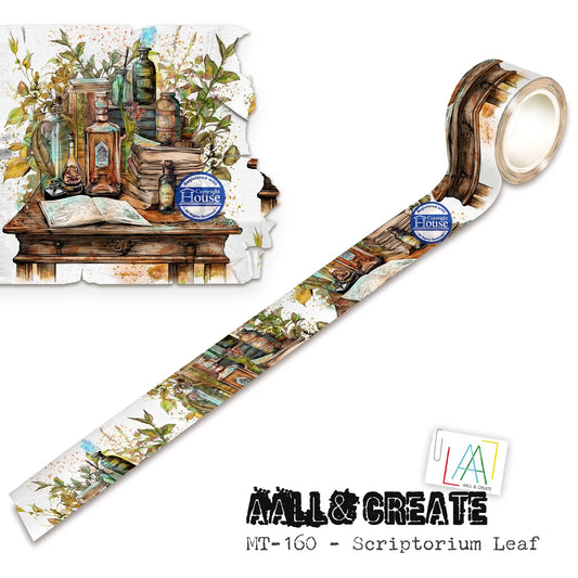 Decorative tape with 'Scriptorium Leaf' design featuring books, bottles, and plants on a white background.
