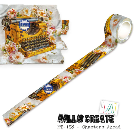 A roll of decorative tape featuring a vintage yellow typewriter and pink floral print, shown on a white background with a sample tear-off section and branding text.