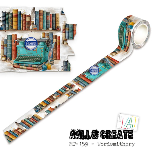 Decorative tape with bookshelf and typewriter design, featuring the brand 'All & Create'.