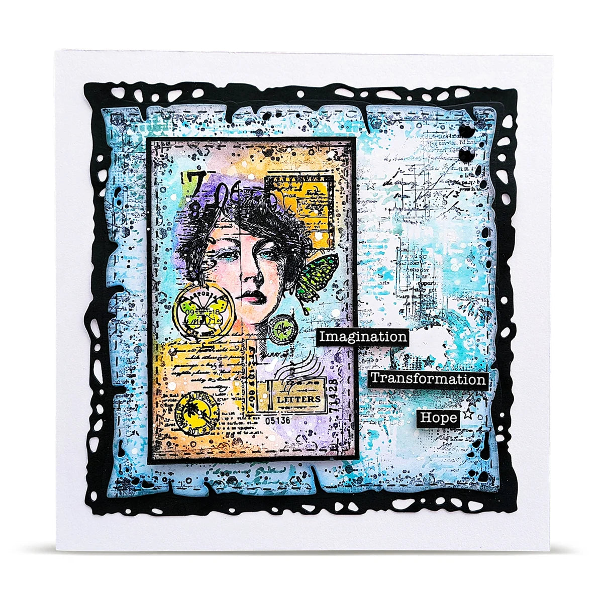 Artistic card with bluish color and a stylized portrait and text on a textured background
