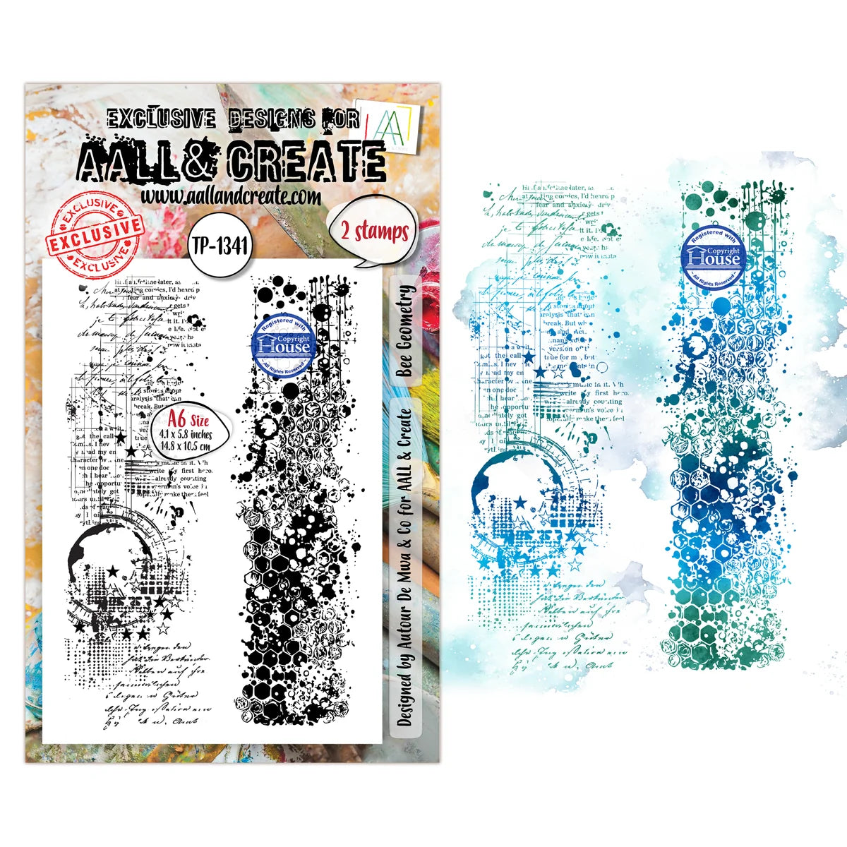 A clear stamp set packaging and sample designs for A4ll & Create stamps, featuring black ink geometric and floral stamp designs alongside blue watercolor stamp examples on a white background.