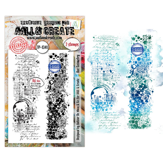 A clear stamp set packaging and sample designs for A4ll & Create stamps, featuring black ink geometric and floral stamp designs alongside blue watercolor stamp examples on a white background.