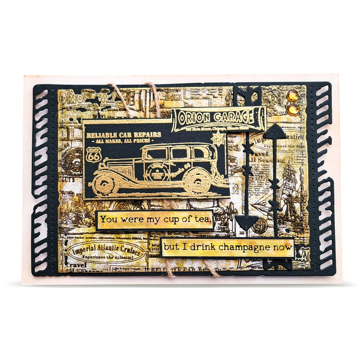 Decorative card with vintage car stramped to make a card and text on a white background