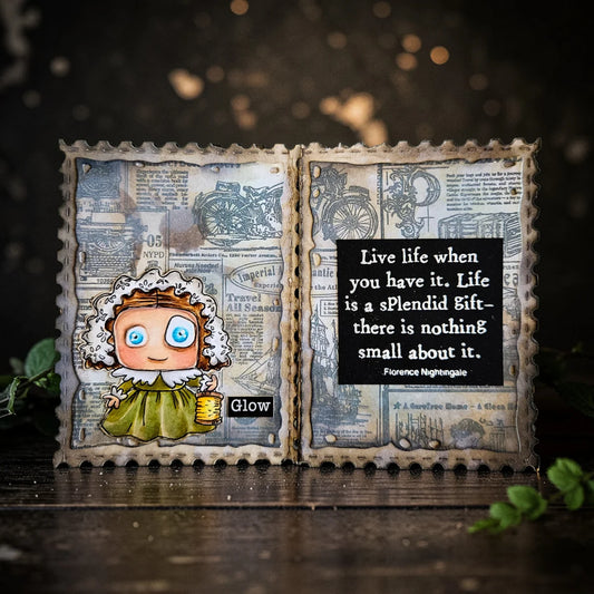 Decorative card with character girl illustration and quote on a dark background