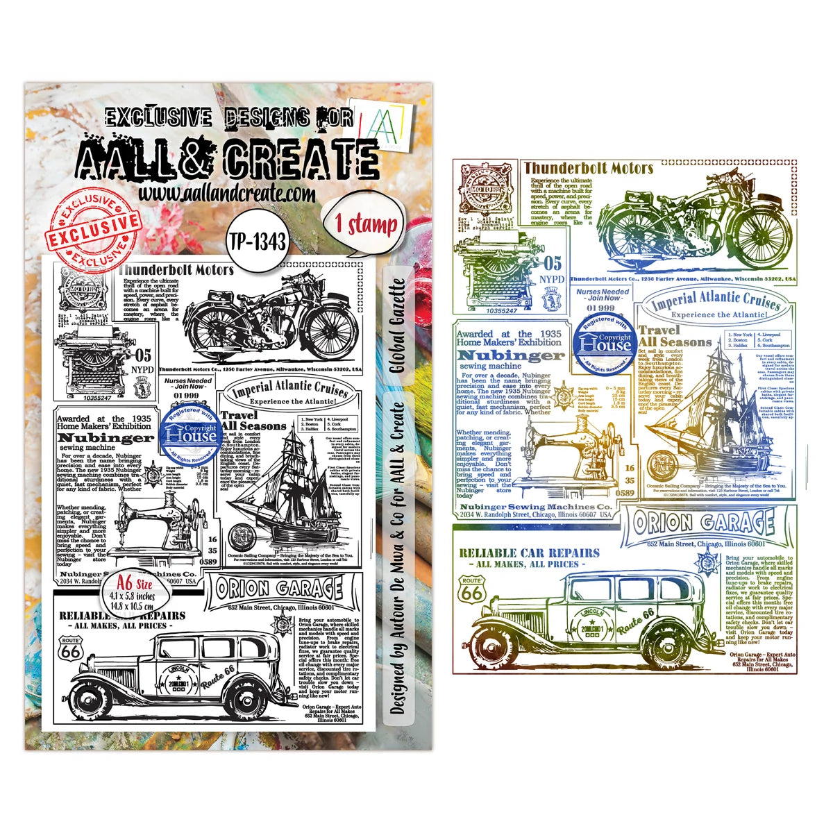 Stamp with vintage vehicle illustrations and text on a colorful background